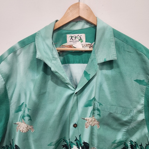 Ky's Vintage Hawaiian Shirt Mens 3XL Green Turtles Button Up Cotton Made in USA - Picture 2 of 11